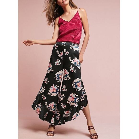 Anthropologie Elevenses Black Satin Floral Tansy Ruffled Wide Leg Slit Pants - Picture 1 of 12